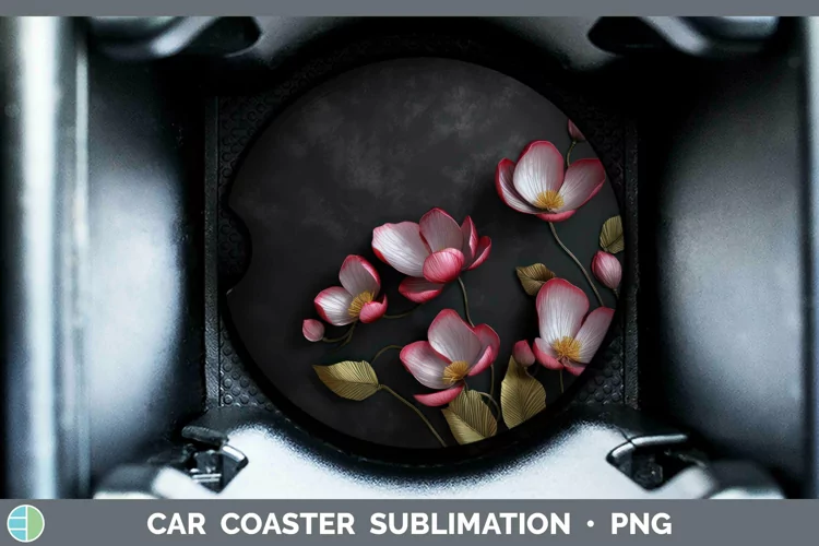3D Black and Gold Cyclamen Car Coaster Sublimation Coaster D