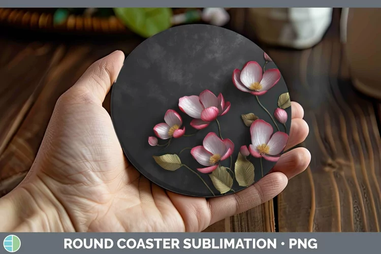 3D Black and Gold Cyclamen Round Coaster Sublimation Coaster
