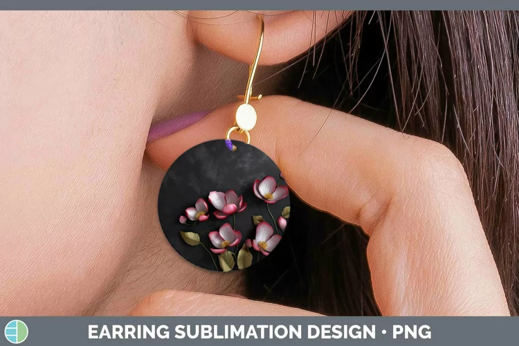 3D Black and Gold Cyclamen Round Earrings Sublimation Earrin