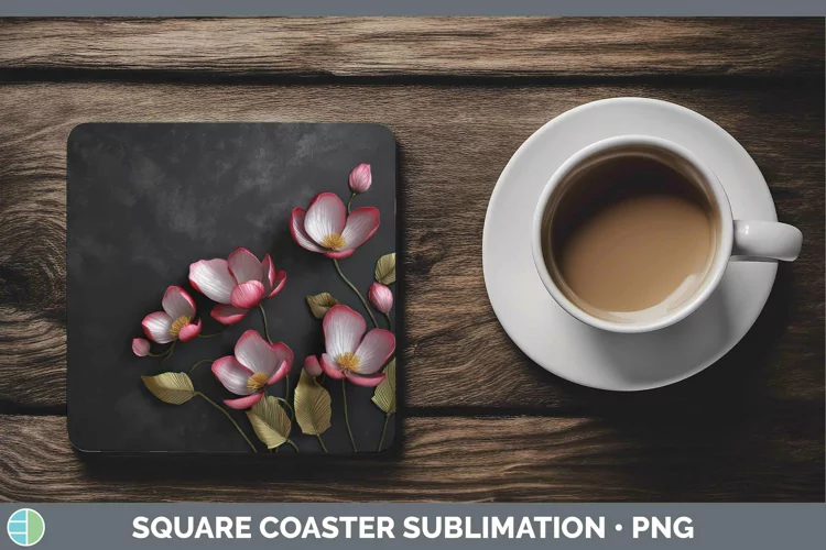 3D Black and Gold Cyclamen Square Coaster Sublimation Coaste