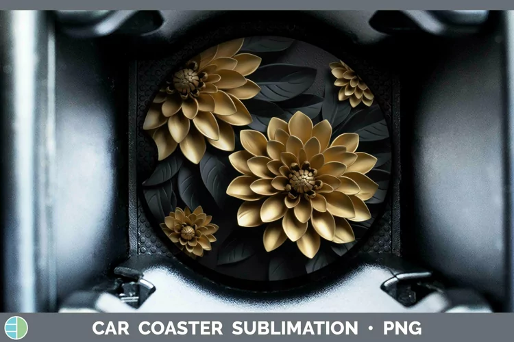 3D Black and Gold Dahlia Car Coaster Sublimation Coaster Des