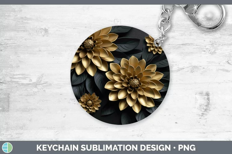 3D Black and Gold Dahlia Keychain Sublimation Keyring Design