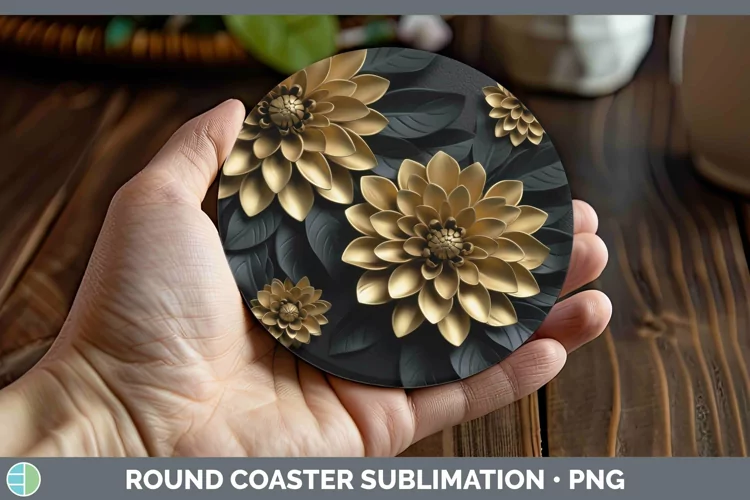 3D Black and Gold Dahlia Round Coaster Sublimation Coaster D