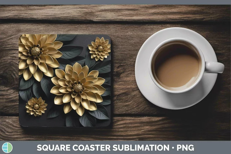 3D Black and Gold Dahlia Square Coaster | Sublimation Coaste