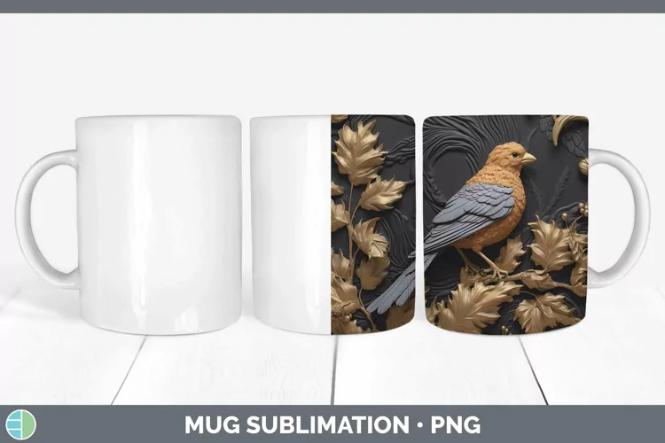 3D Black and Gold Finch Mug Wrap Sublimation Coffee Cup Desi