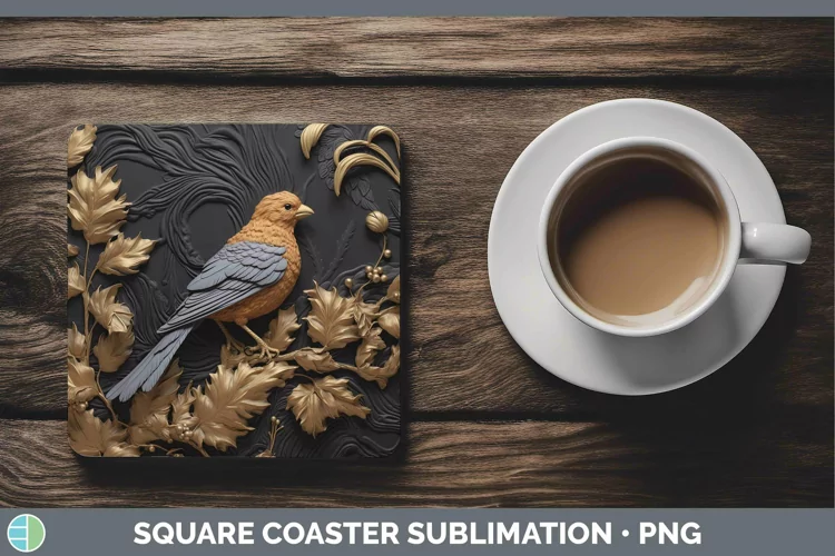 3D Black and Gold Finch Square Coaster Sublimation Coaster D