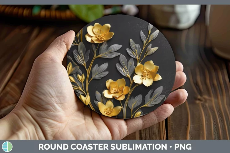 3D Black and Gold Freesia Round Coaster Sublimation Coaster
