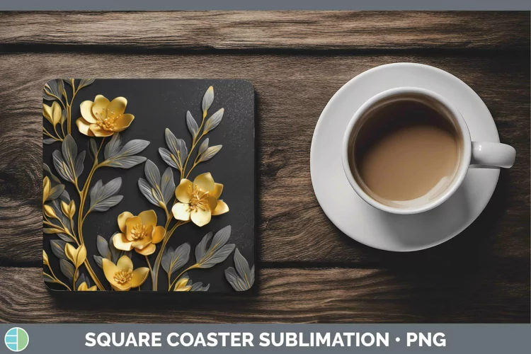 3D Black and Gold Freesia Square Coaster | Sublimation Coast