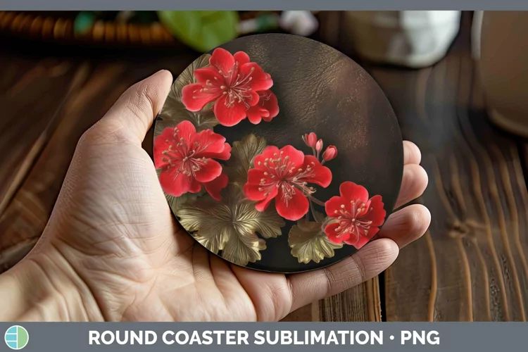 3D Black and Gold Geranium Round Coaster Sublimation Coaster