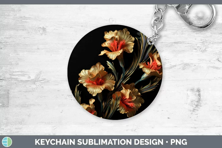 3D Black and Gold Gladiolus Keychain Sublimation Keyring Des