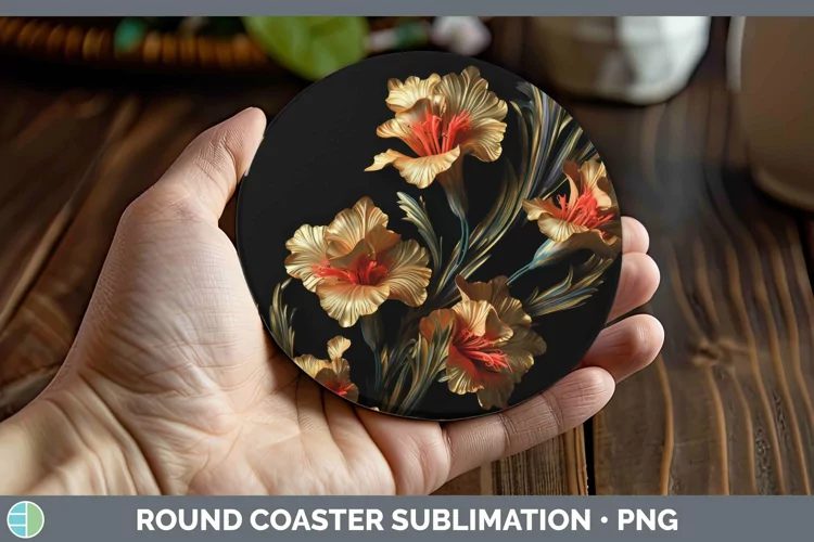 3D Black and Gold Gladiolus Round Coaster Sublimation Coaste