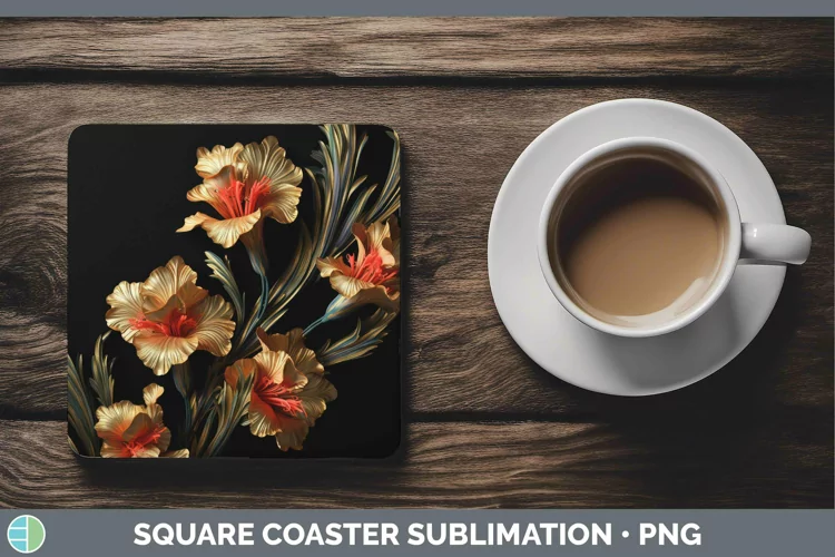 3D Black and Gold Gladiolus Square Coaster | Sublimation Coa