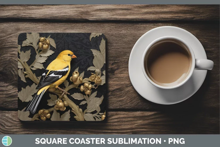 3D Black and Gold Goldfinch Square Coaster Sublimation Coast