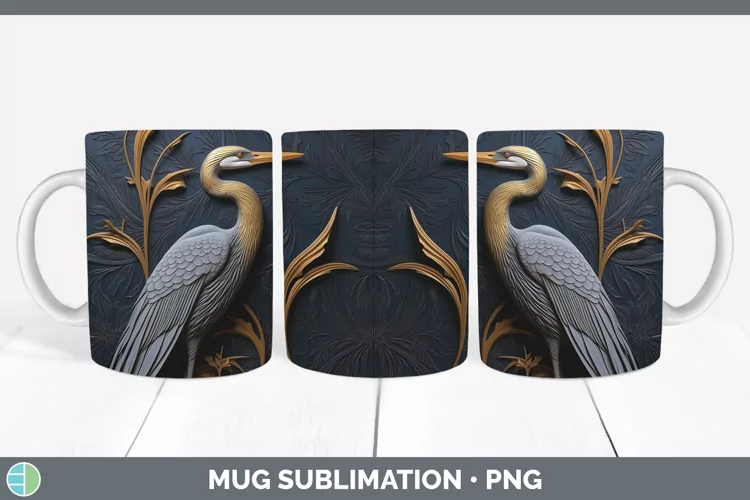 3D Black and Gold Great Blue Heron Mug Wrap Sublimation Coff
