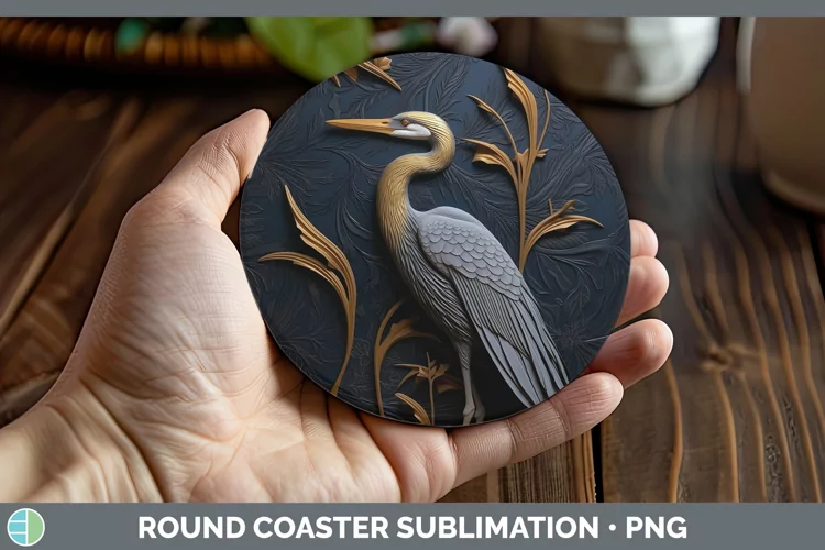 3D Black and Gold Great Blue Heron Round Coaster Sublimation