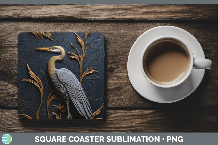 3D Black and Gold Great Blue Heron Square Coaster Sublimatio