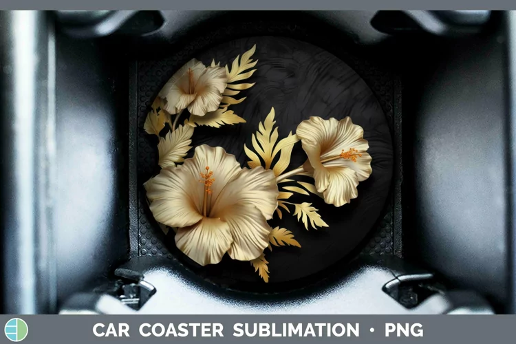3D Black and Gold Hibiscus Car Coaster Sublimation Coaster D