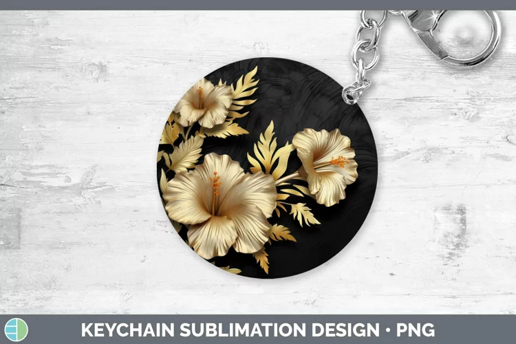 3D Black and Gold Hibiscus Keychain Sublimation Keyring Desi