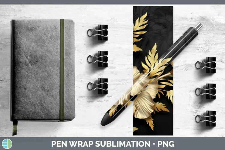 3D Black and Gold Hibiscus Pen Wrap Sublimation Epoxy Pen De