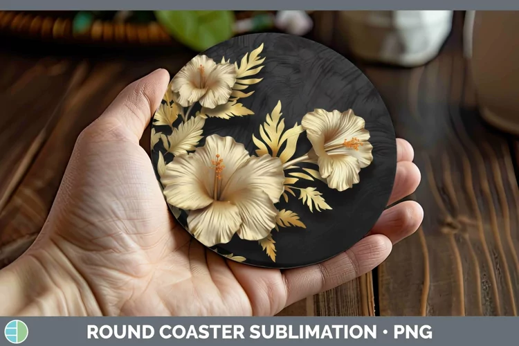 3D Black and Gold Hibiscus Round Coaster Sublimation Coaster