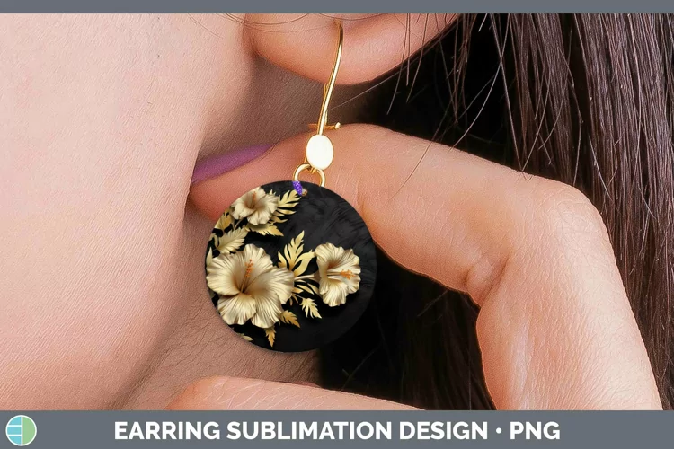 3D Black and Gold Hibiscus Round Earrings Sublimation Earrin