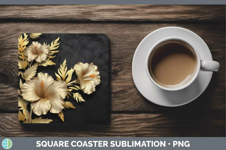 3D Black and Gold Hibiscus Square Coaster Sublimation Coaste