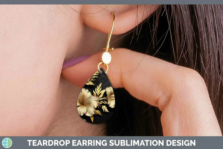 3D Black and Gold Hibiscus Teardrop Earrings Sublimation Ear