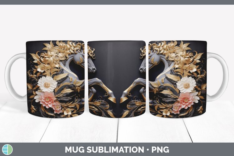3D Black and Gold Horse Mug Wrap | Sublimation Coffee Cup De