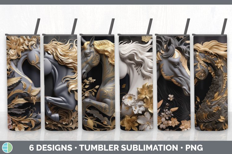 3D Black and Gold Horse Tumbler | Sublimation 20 oz Skinny T