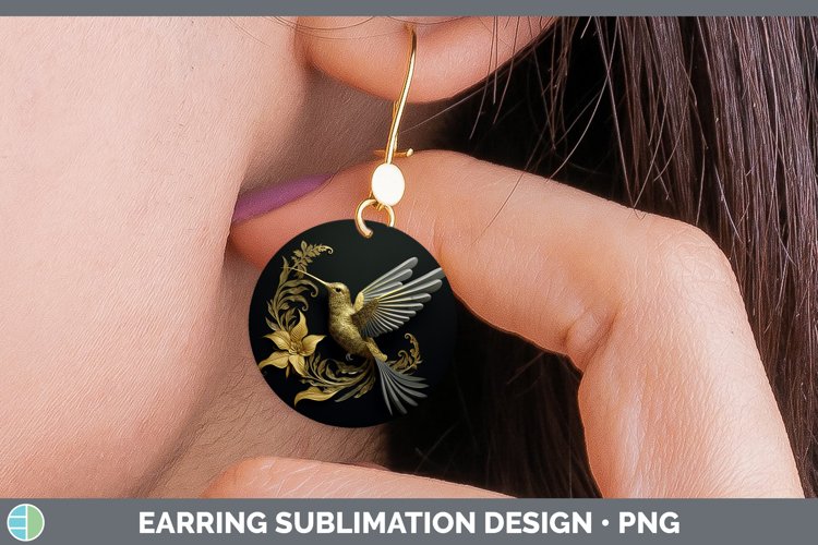 3D Black and Gold Hummingbird Round Earrings Sublimation Ear