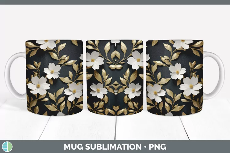 3D Black and Gold Jasmine Flowers Mug Wrap | Sublimation Cof