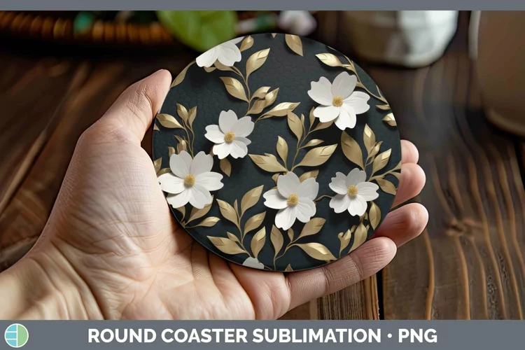 3D Black and Gold Jasmine Round Coaster Sublimation Coaster