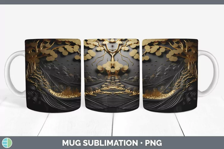 3D Black and Gold Landscape Mug Wrap Sublimation Coffee Cup