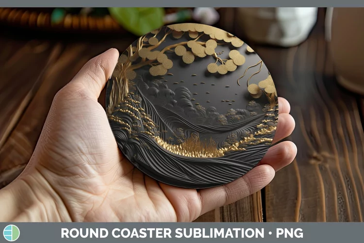 3D Black and Gold Landscape Round Coaster Sublimation Coaste
