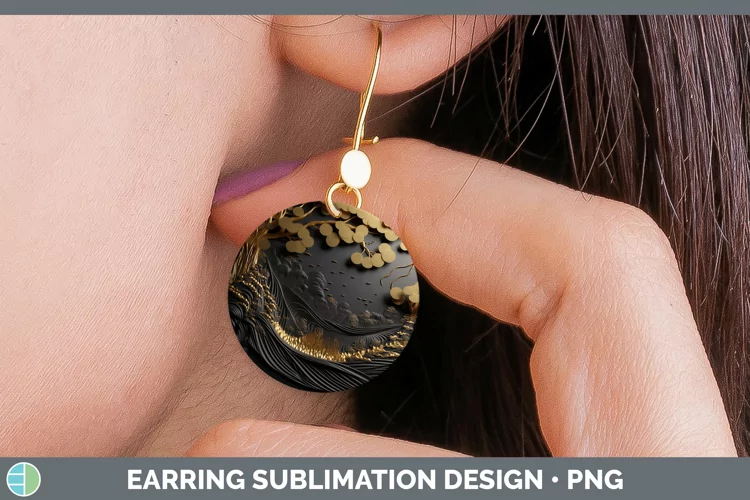 3D Black and Gold Landscape Round Earrings Sublimation Earri