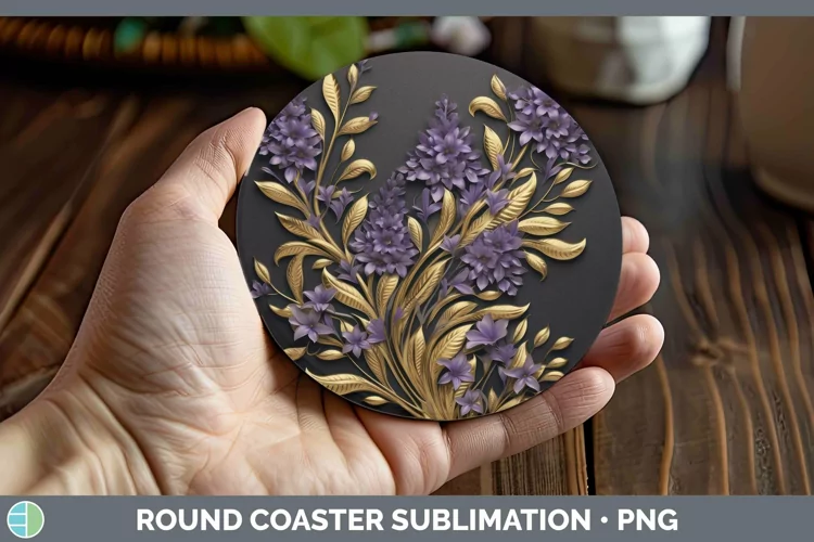 3D Black and Gold Lavender Round Coaster Sublimation Coaster