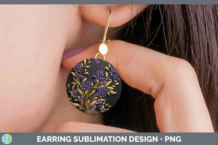 3D Black and Gold Lavender Round Earrings Sublimation Earrin