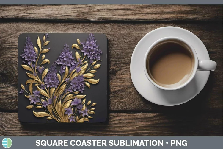 3D Black and Gold Lavender Square Coaster | Sublimation Coas