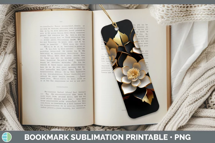 3D Black and Gold Lotus Bookmark Sublimation Printable Desig