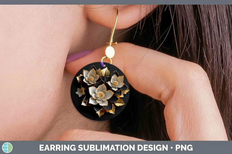 3D Black and Gold Lotus Round Earrings Sublimation Earrings
