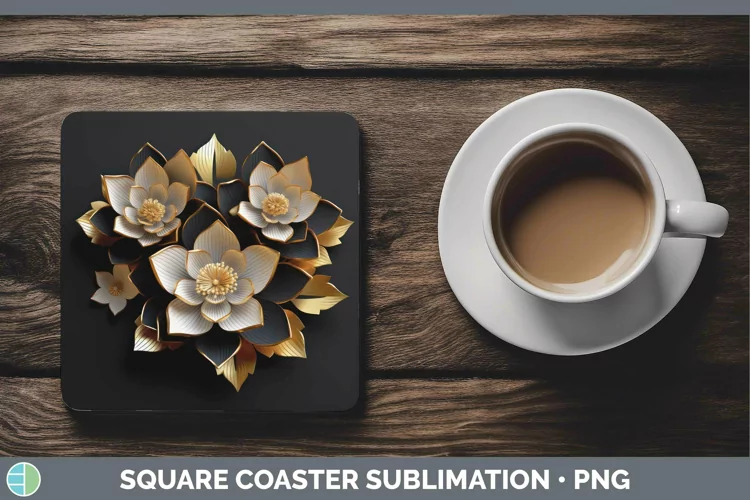 3D Black and Gold Lotus Square Coaster | Sublimation Coaster