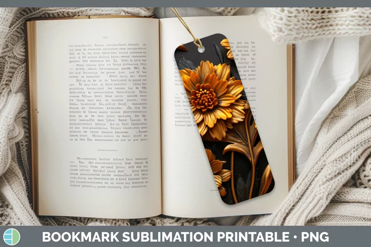 3D Black and Gold Marigold Bookmark Sublimation Printable De