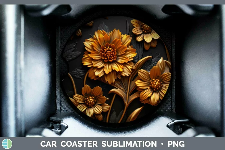 3D Black and Gold Marigold Car Coaster Sublimation Coaster D