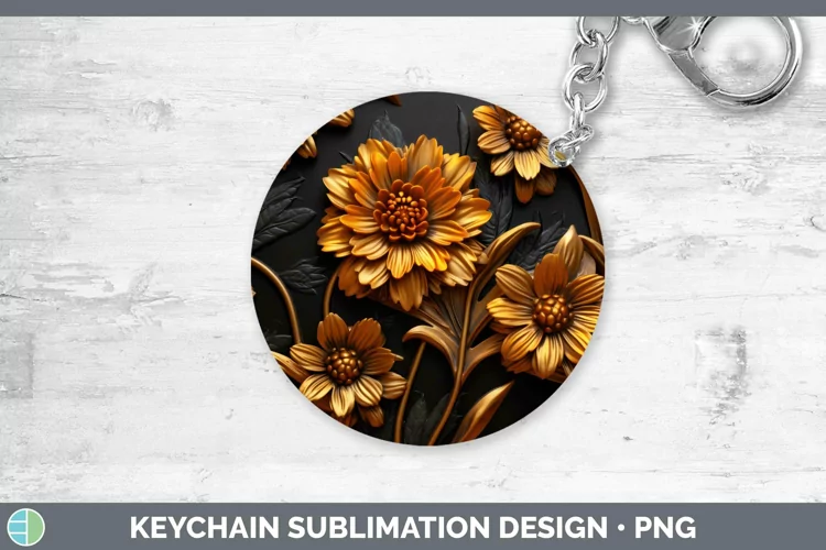 3D Black and Gold Marigold Keychain Sublimation Keyring Desi
