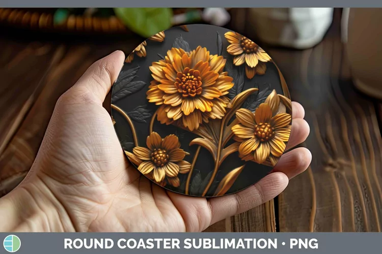 3D Black and Gold Marigold Round Coaster Sublimation Coaster