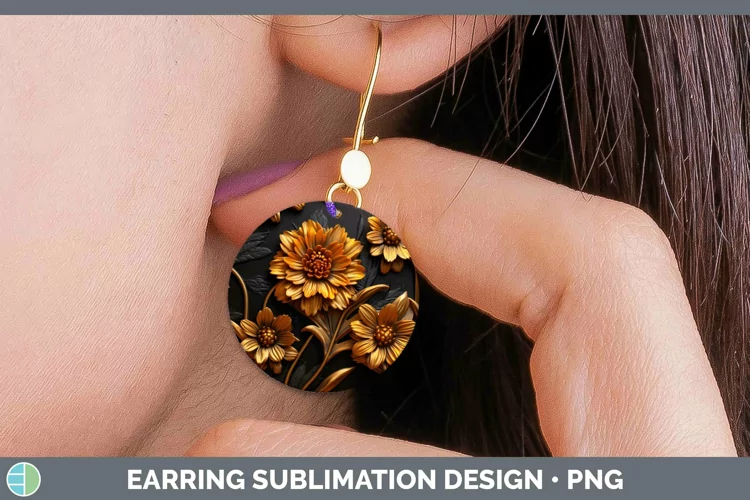 3D Black and Gold Marigold Round Earrings Sublimation Earrin