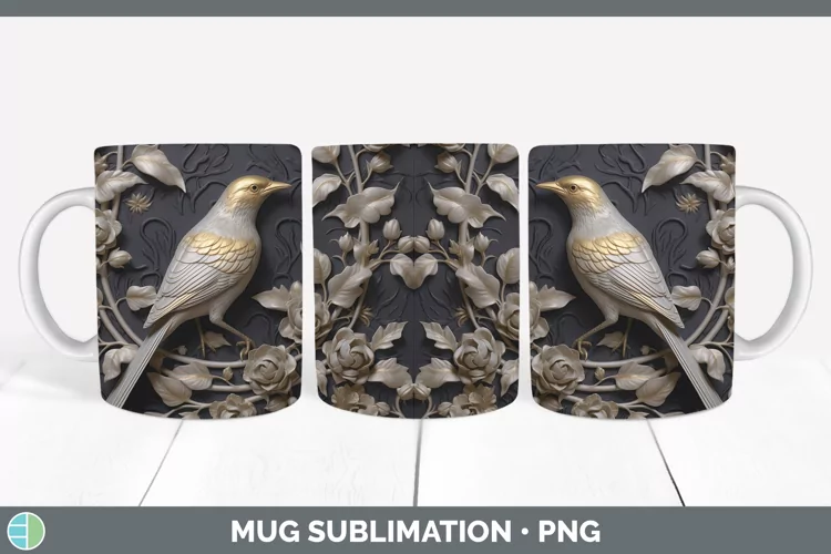 3D Black and Gold Mockingbird Mug Wrap Sublimation Coffee Cu