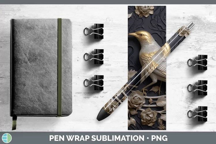 3D Black and Gold Mockingbird Pen Wrap Sublimation Epoxy Pen