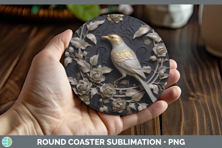 3D Black and Gold Mockingbird Round Coaster Sublimation Coas