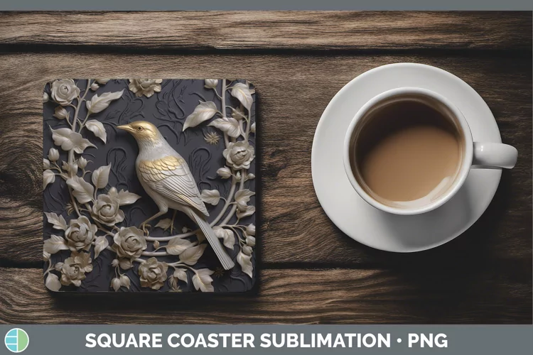 3D Black and Gold Mockingbird Square Coaster Sublimation Coa